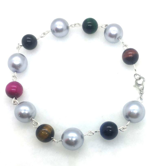 Tigers Eye & Silver Pearl 7.5'' Bracelet~Hand Made - Picture 1 of 3